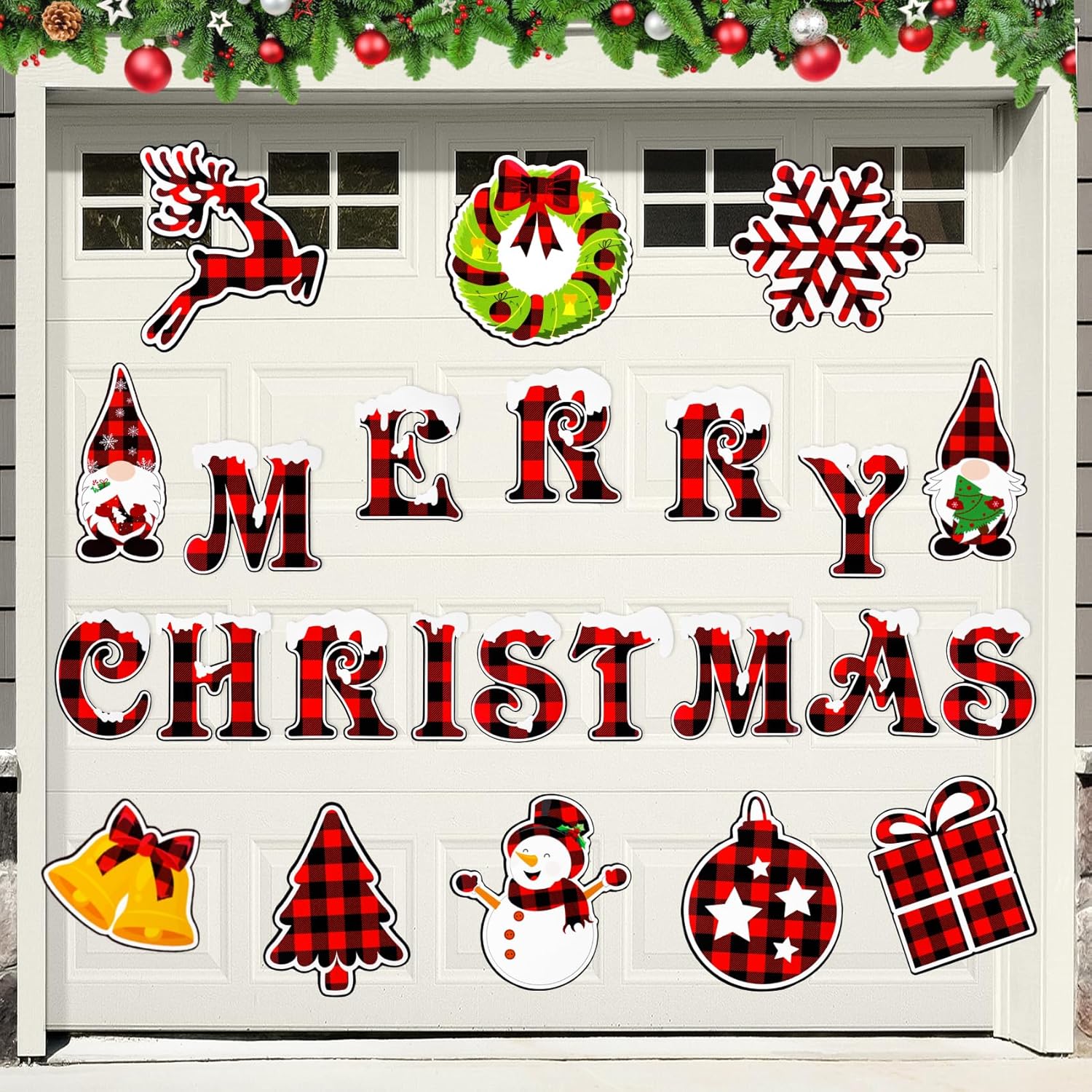 Garage Door Decorations - 24 Pcs Christmas Garage Door Decorations Magnets, Buffalo Plaid Christmas Garage Door Magnets, Merry Xmas Refrigerator Decals Car Stickers for Christmas Party Supplies Home Decorations