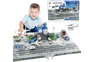 AFQJF Airport Aircraft Vehicles Toy Set for Kids - with Game Mats 2 Plane Helicopter Luggage Cars Fire Trucks Race Cars, Birthday Gift Early Learning Playset for 3 4 5 6 7 8 Years Old Toddlers Boys & Girls