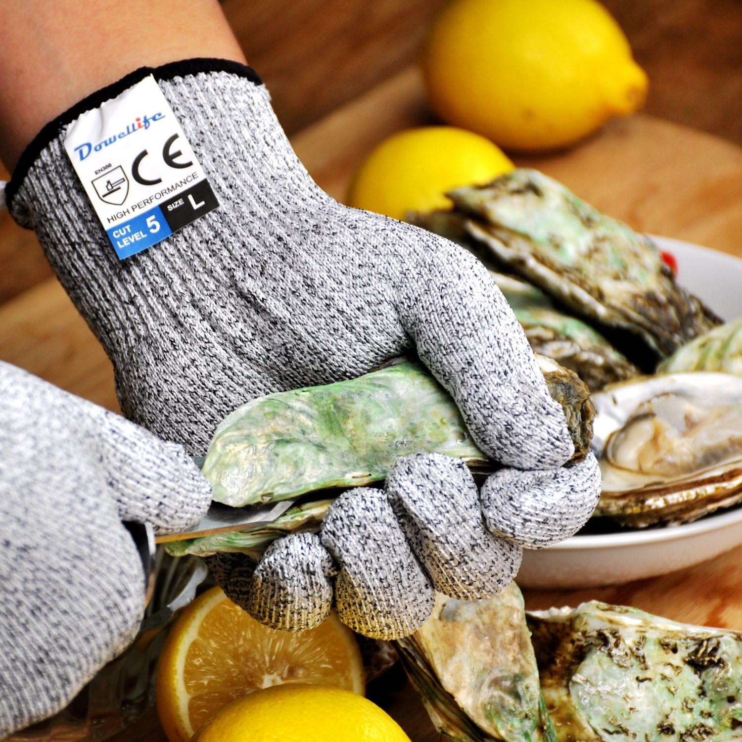 Dowellife Cut Resistant Gloves Food Grade Level 5 Protection, Safety Kitchen Cuts Gloves for Oyster Shucking, Fish Fillet Processing, Mandolin Slicing, Meat Cutting and Wood Carving, 1 Pair (Large) - - 