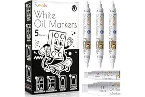Funcils 5 Oil White Paint Pen (3 Dual Tip + 10mm, 15mm Jumbo) - Oil Based Paint Markers for Metal, Fabric, Glass, Automotive 