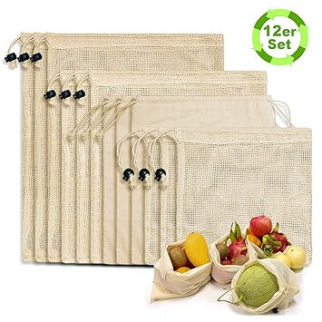 N NEWKOIN Obstnetz Gemüsenetz Baumwollbeutel, 12er Set Wiederverwendbar Shopper Netz Zero Waste Obstbeutel Plastikfrei Einkau