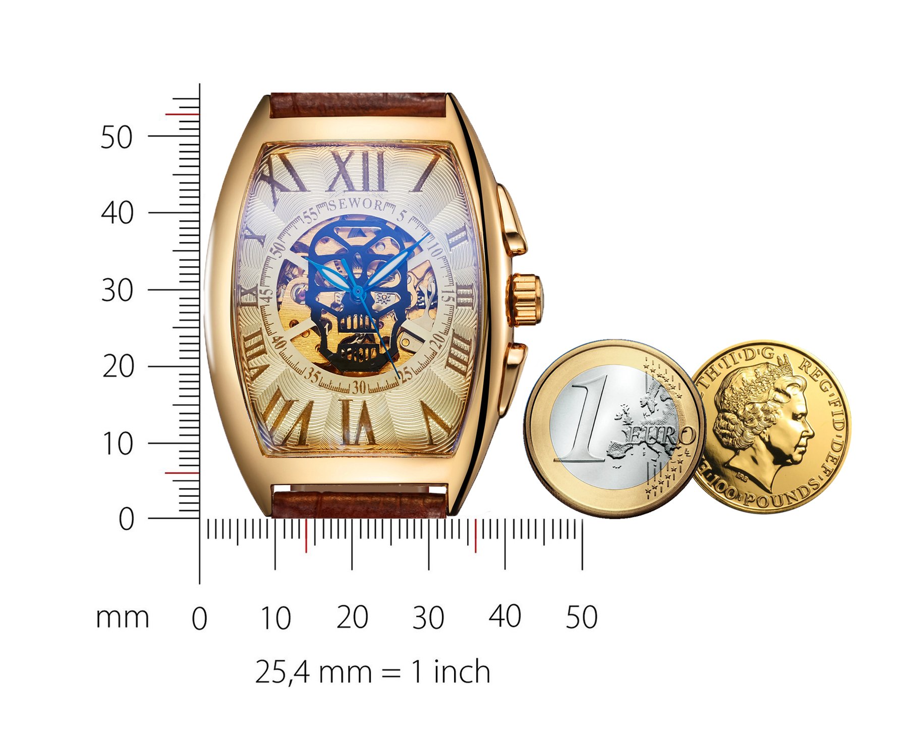 Sewor lusso uomo cranio testa meccanico automatico orologio da polso con fascia in vetro rivestimento blu (Oro & Bianca)