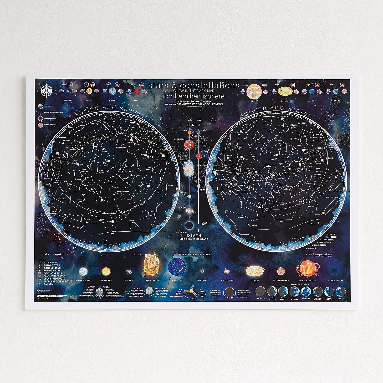Stars and Constellations Glow in the Dark Map - Stargazers and Night Sky Poster Gift - 84.1 x 59.4 cm