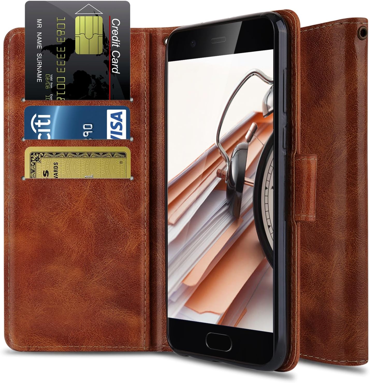 OTOONE Wallet Stand Case for Huawei P10 with Genuine PU Leather Flip Cover and Card Slot Holder Design for Huawei P10 VTR-L29 5.1 Inch 2017 (Bronze)