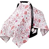 Rquite Muslin Car Seat Cover Baby, Carseat Covers Baby Girl Boy, Breathable Lightweight Infant Car Seat Cover, Baby Carrier Cover Car Seat Canopy Stroller Sun Shade for Summer & Hot Day, Universal Fit
