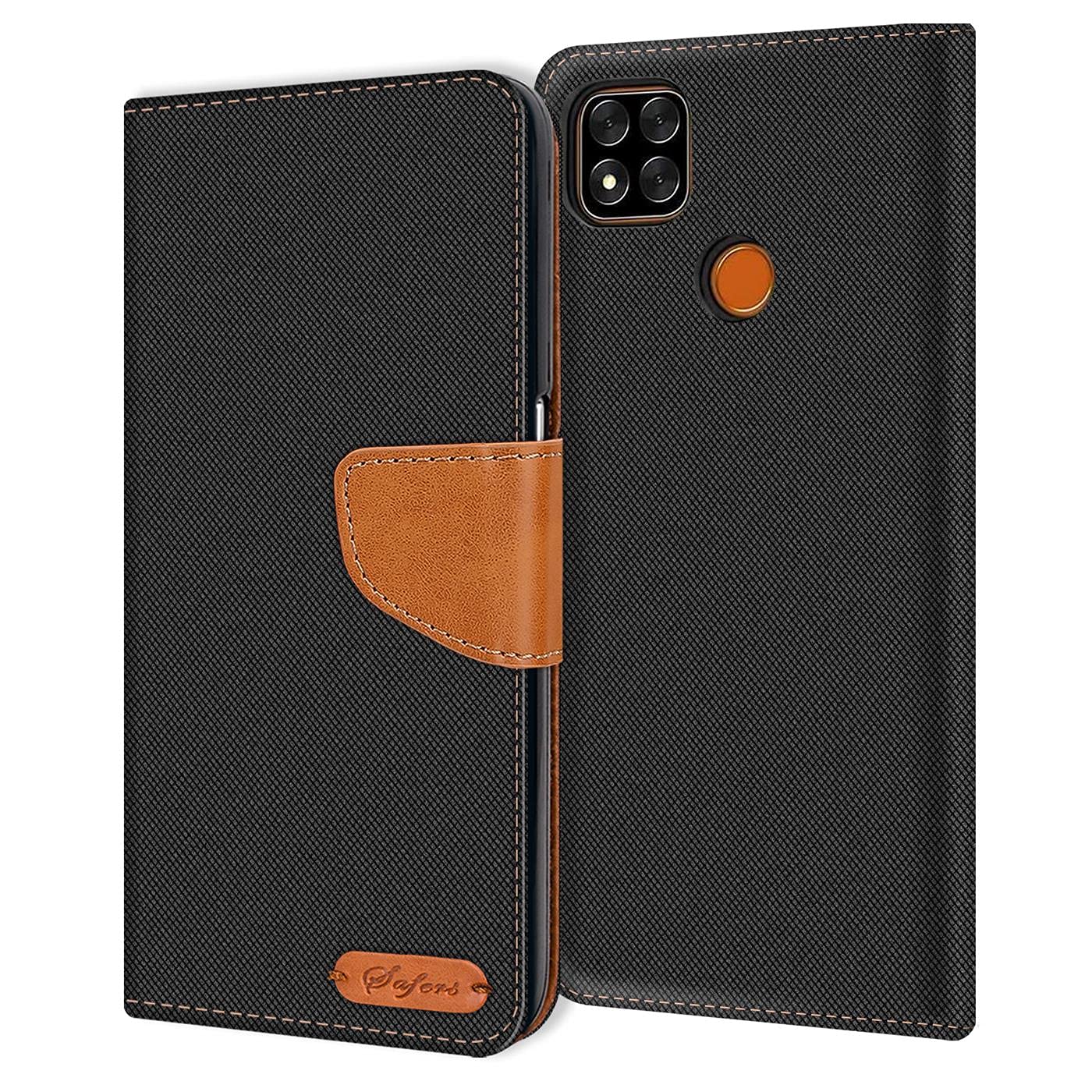 Verco Phone Wallet Case compatible with the Xiaomi Redmi 9C, Canvas Faux Leather Book Cover for the Redmi 9C Flip Case Bag Hinged - Black