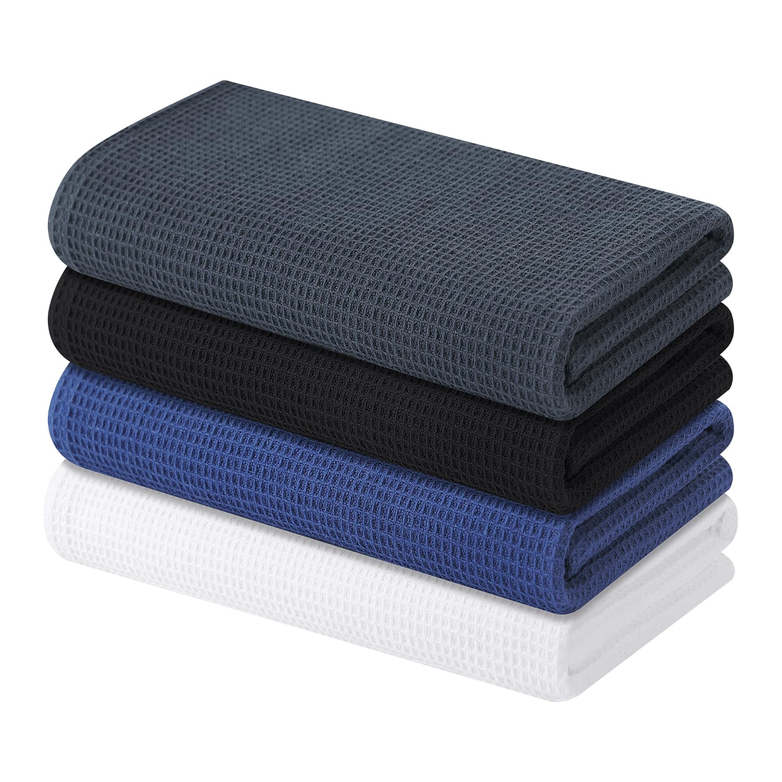 Moosfor Pack of 4 Dish Towels Cloths, 100% Cotton Absorbent Lint Free Kitchen Towels, Quick Drying Waffle Weave Cleaning Cloth with Hanging Loop, 41 x 66 cm, Mixed Color