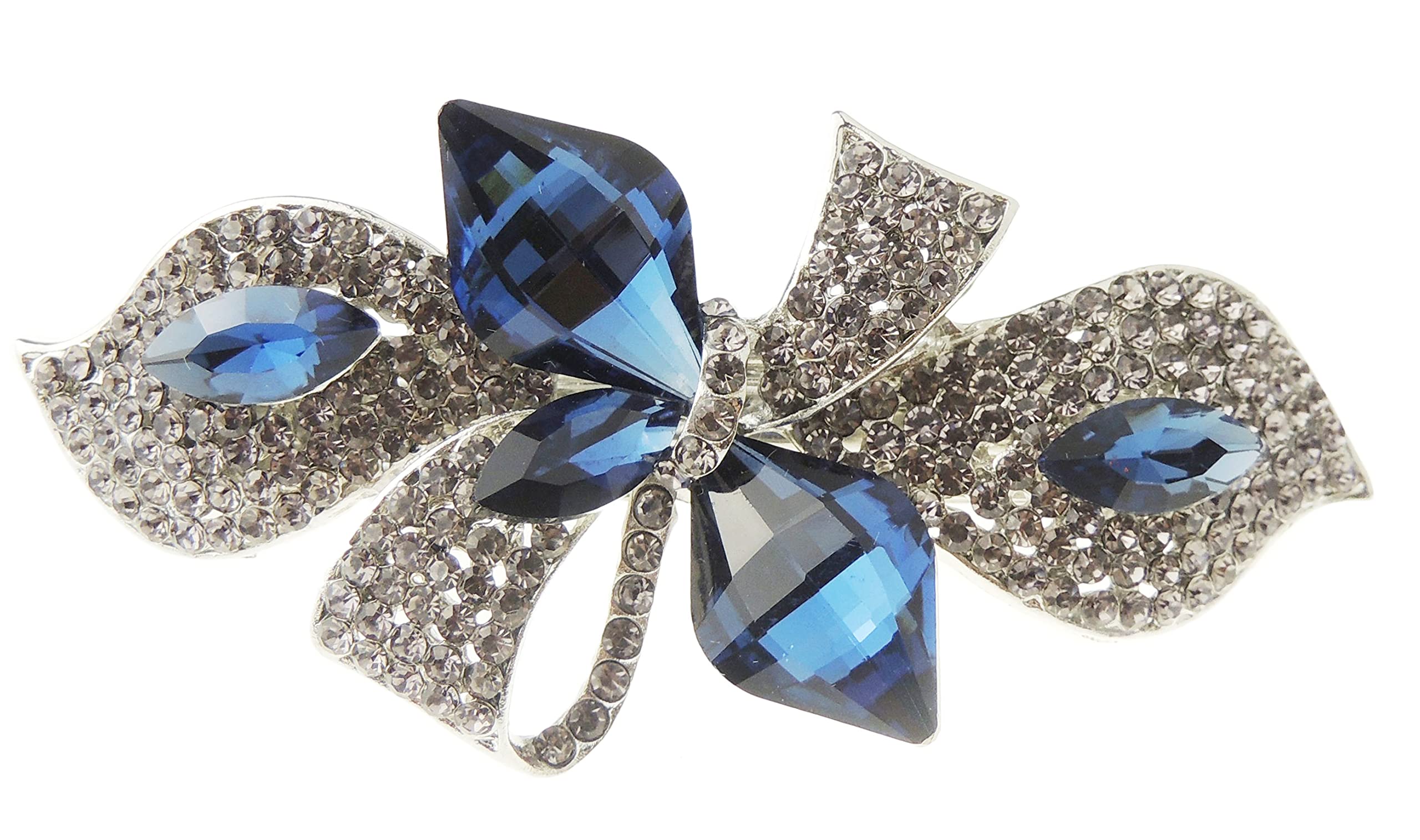 Sparkly Womens Girls Crystal Rhinestone Diamante Wedding Birthday Party Evening Ponytail Fine Hair Accessories Evening Barrette Hairpin Grip French Metal Spring Clip Gold Tone Ribbon Bow (Navy)