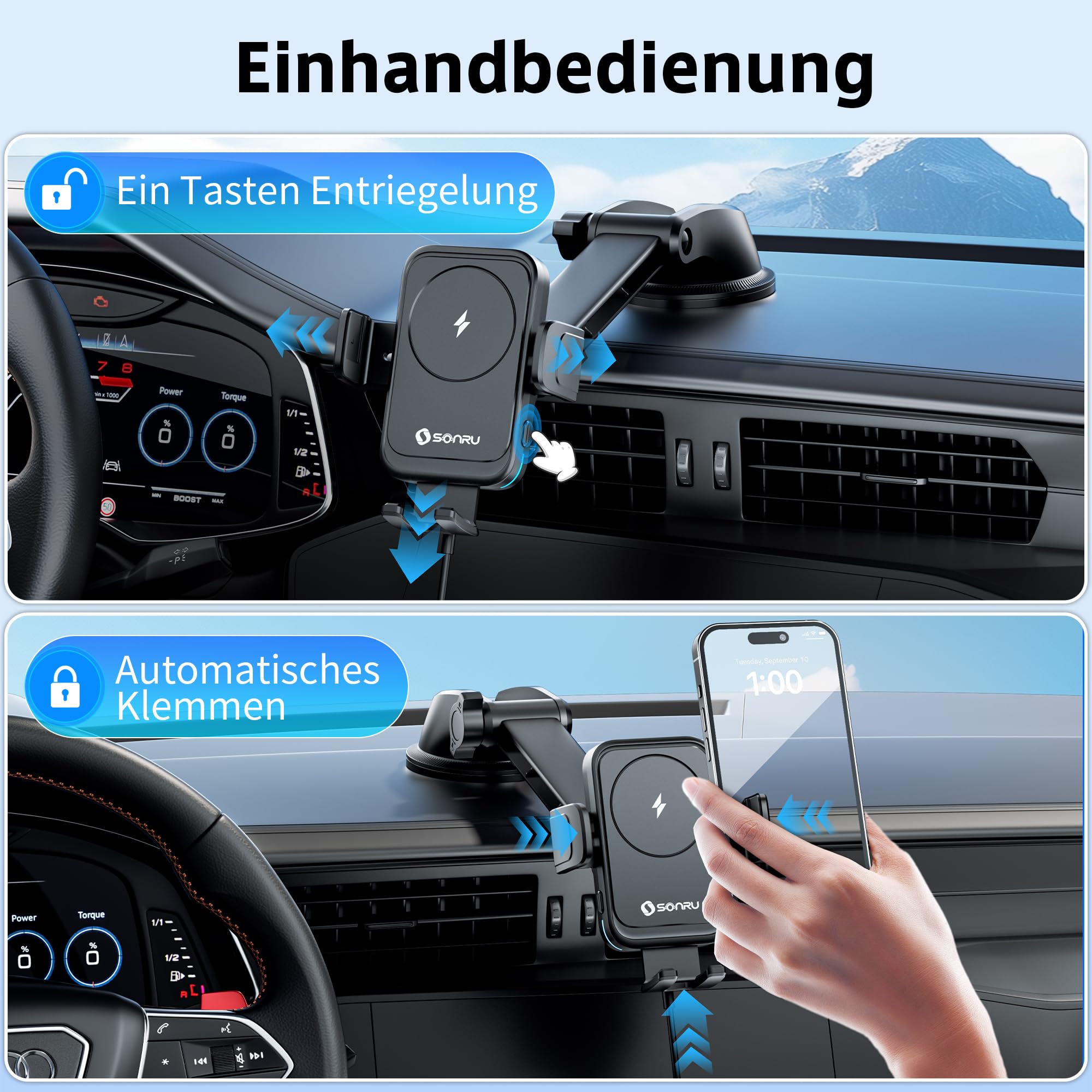 SONRU Handyhalterung Auto mit Ladefunktion,15W Kfz Handyladestationen Handy Halterung Auto Induktives Laden,Handyhalterung Auto Lüftung Saugnapf für Samsung iPhone LG Google Pixel 3
