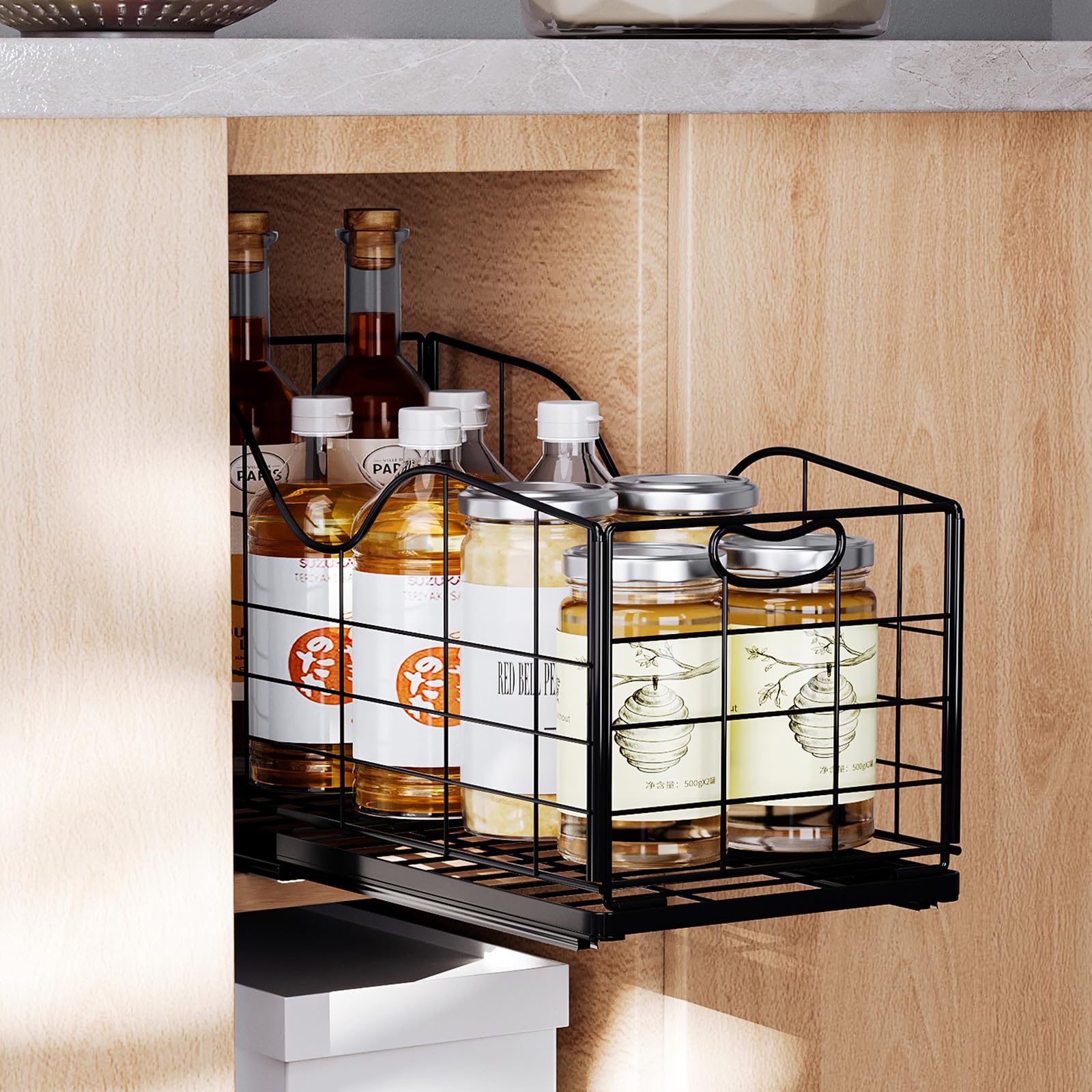 Photo 1 of AmzAge Narrow Cabinet Organizer,Carbon Steel Pull Out Cabinet Organizer,Fixed Heavy Duty Kitchen Cabinet Slide Out Shelves for Storing and Organizing Bathrooms, Kitchens, Bedroom (Black, Deep 16.7")