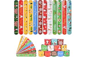 GlyinnHe 48Pcs Christmas Slap Bracelets, Xmas Snap Bracelet Snata Claus Reindeer Wristband for Party Favors Gift Bag Filler School Prizes