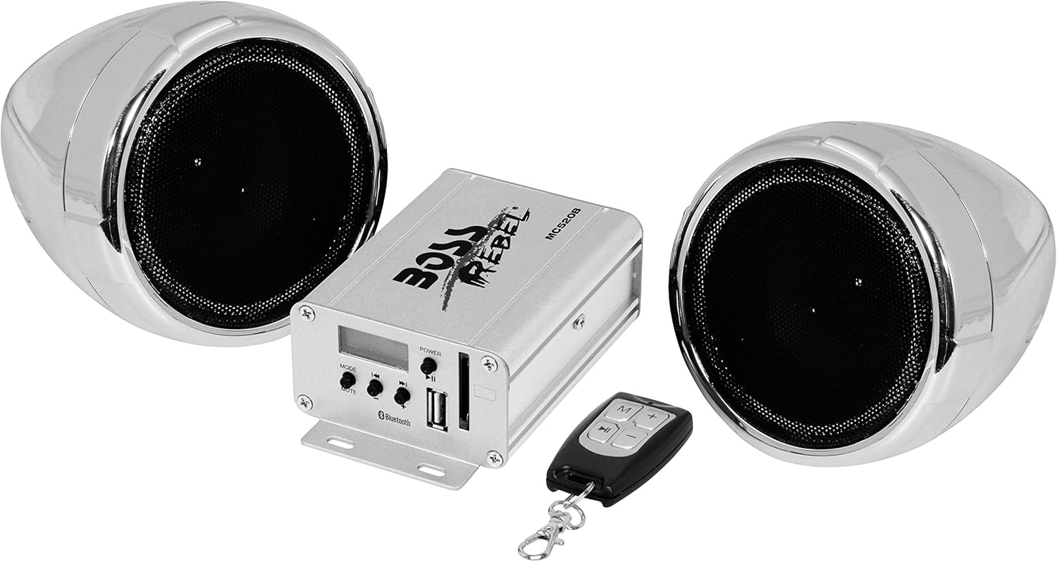BOSS Audio Systems MCBK520B Motorcycle Speaker and Amplifier Sound System - Bluetooth, Weatherproof, 3 inch Speakers, 2 Channel Amplifier, FM Tuner, USB, SD