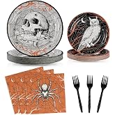 96 Pcs Halloween Plates and Napkins, Vintage Skull Party Tableware, for 24 | Disposable vintage Halloween paper plates with napkins and forks, spooky gothic dinnerware for adults Halloween parties