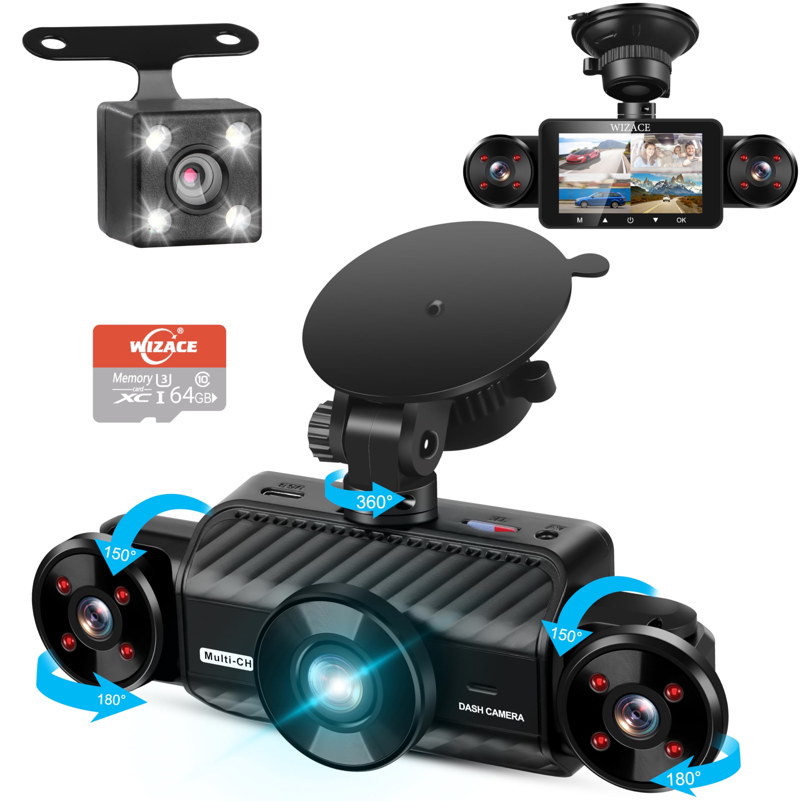 Photo 1 of 4 Channel Dash Cam 360° View, WIZACE 1080P Front and Rear Inside, Left Right Dash Camera for Cars, Multi-Ch FHD 8 IR Lamps Night Vision, Free 64GB SD Card, G-Sensor, HDR, 24H Parking Mode