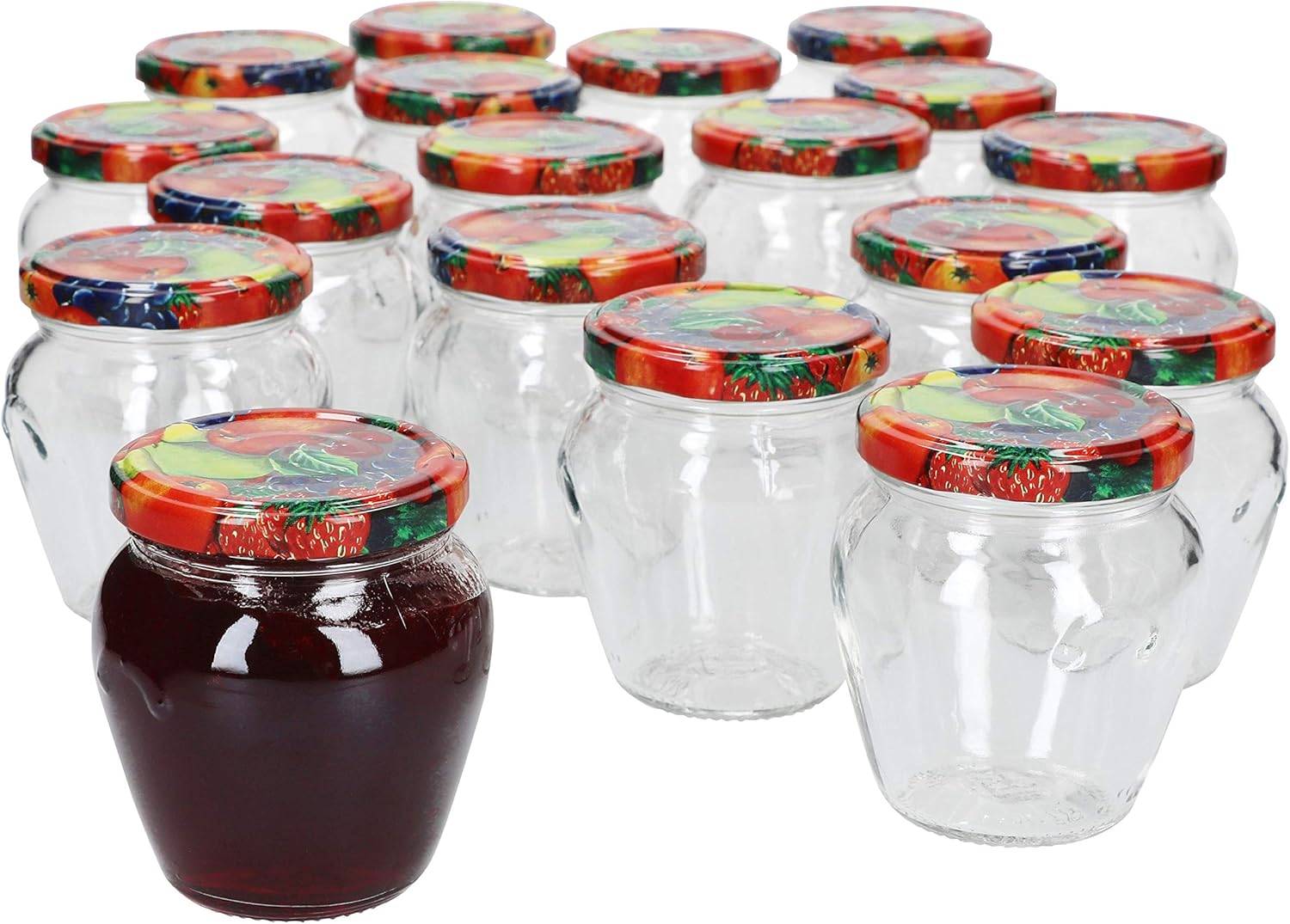 MamboCat 18er Set Marmeladengläser 212 ml I Vielseitige Twist Off Gläser zum Befüllen I Einmachgläser für Obst Konfitüre Gelee Antipasti UVM I Schöne Schraubgläser mit Deckel to 63 Obst Motiv