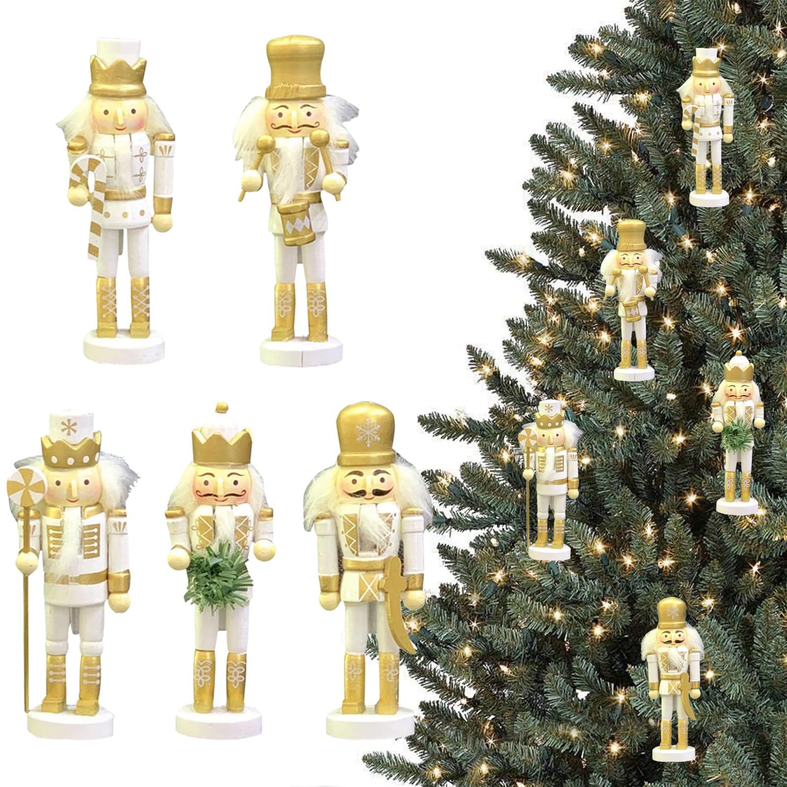 5Pcs Wooden Christmas Nutcracker Soldier Ornaments Gold,13cm Nutcracker Soldier Mini Figures Christmas Tree Decorations,Xmas Nutcracker King Hanging Ornaments for Traditional Christmas Tree Decoration