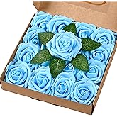 BLEUM CADE 16Pcs Artificial Flowers Fake Roses with Stems, Sky Blue Boxed Foam Roses for DIY Bouquets Centerpieces Wedding Party Arrangement Bridal Shower Decor