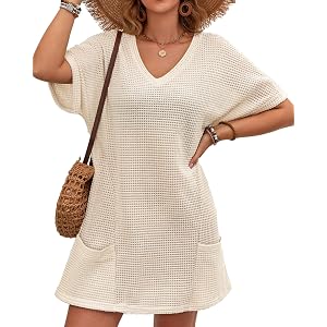 duludulu Swimsuit Coverup for Women, Waffle Knit V Neck Swimwear Bathing Suit Cover Up Crochet Beach Dress with Pockets