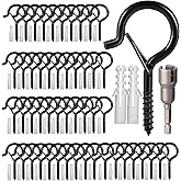 Hooks for Outdoor String Lights, 52 Pack Screw Hooks for Hanging Plants Led Party Lights Garage Wind Chimes, Black Heavy Duty Q Hanger Ceiling with Safety Buckle, Box and Wing Nut Driver
