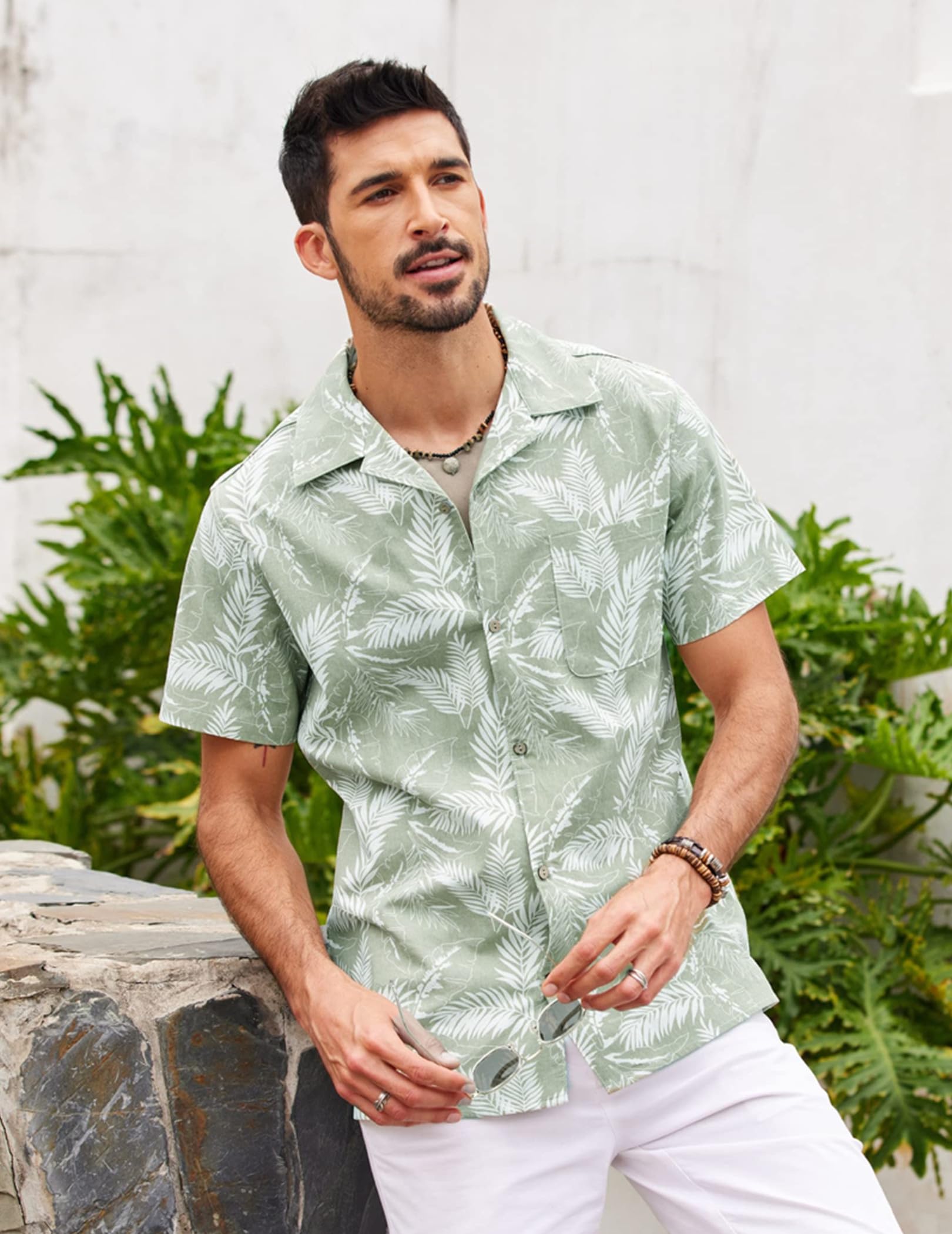 COOFANDY Hemd Herren Kurzarm Hawaiihemd Sommer Leinenhemd Casual Regular Fit Baumwolle Hawaii Hemden Graugrün L 4