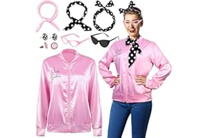 AOTHSO 1950s Pink Satin Jacket with Headband Scarves Earrings Glasses for Women 8 Pieces Halloween Adults Cosplay Costume Set