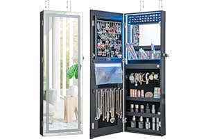 SPORFIT Full Length LED Mirror Jewelry Cabinet, Space-Saving Organizer with Mirror and Adjustable LED Lights, Wall/Door Mount