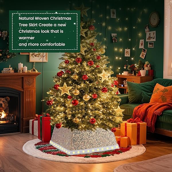 27 INCH SQUARE CHRISTMAS TREE SKIRT WITH LED LIGHTS – SPARKLING GLITTER FABRIC,BATTERY POWERED FOLDABLE SKIRT FOR CHRISTMAS HALLOWEEN HOLIDAY DECORATIONS TREES WITH A HEIGHT LESS THAN 8 FT