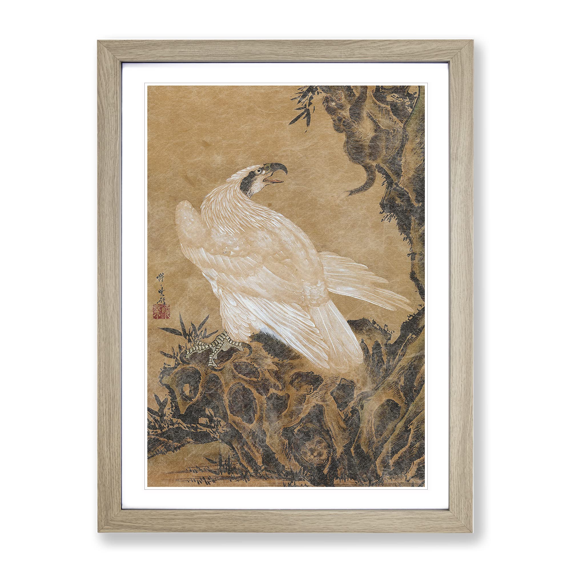 White Eagle Hunting By Kawanabe Kyosai Asian Japanese Framed Wall Art Print, Ready to Hang Picture for Living Room Bedroom Home Office Décor, Oak A4 (34 x 25 cm)