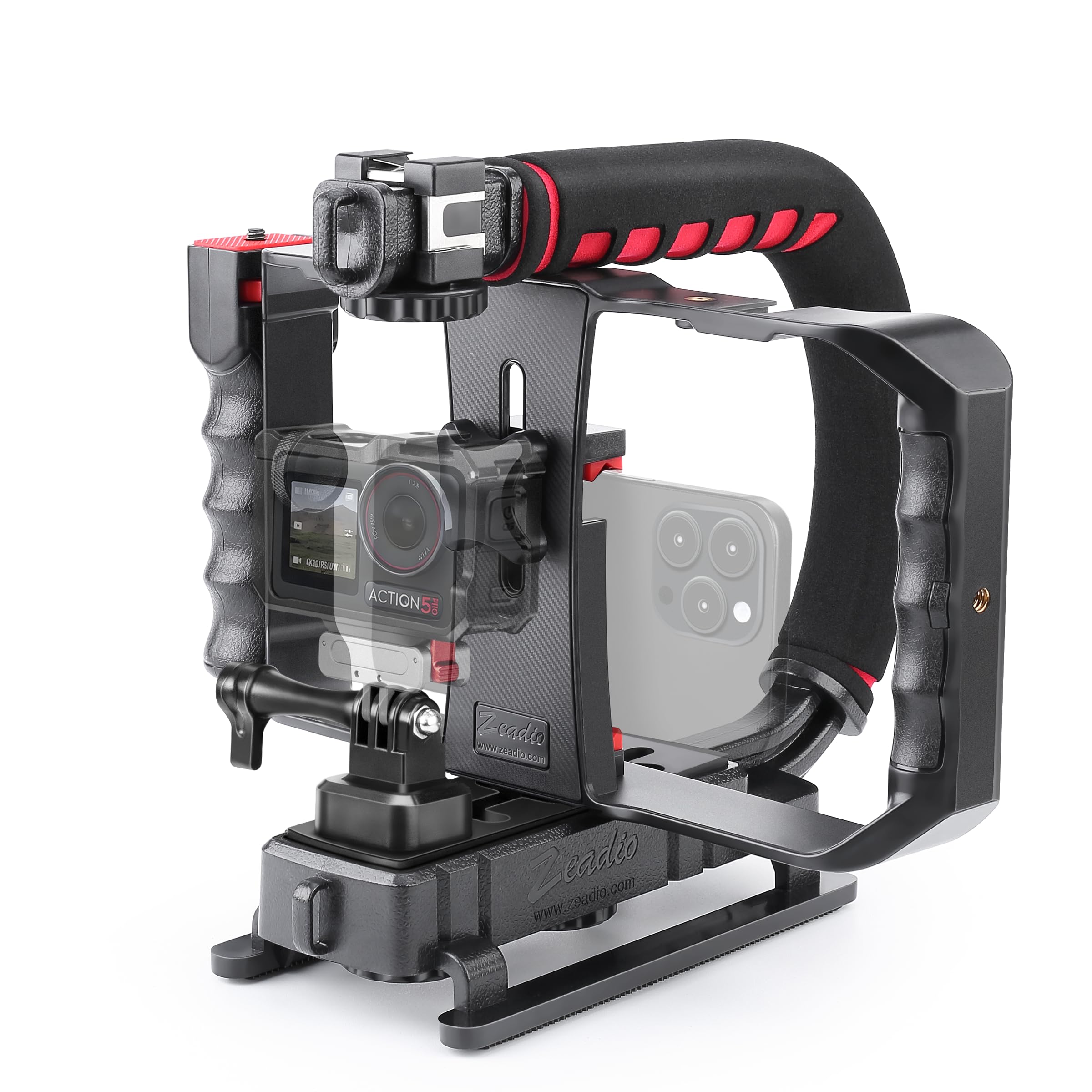 Photo 1 of Zeadio Camera Handheld Stabilizer with Smartphone Video Cage Rig, Triple Cold-Shoe Handle Grip Compatible with All Camera Action Camera DSLR Smartphone