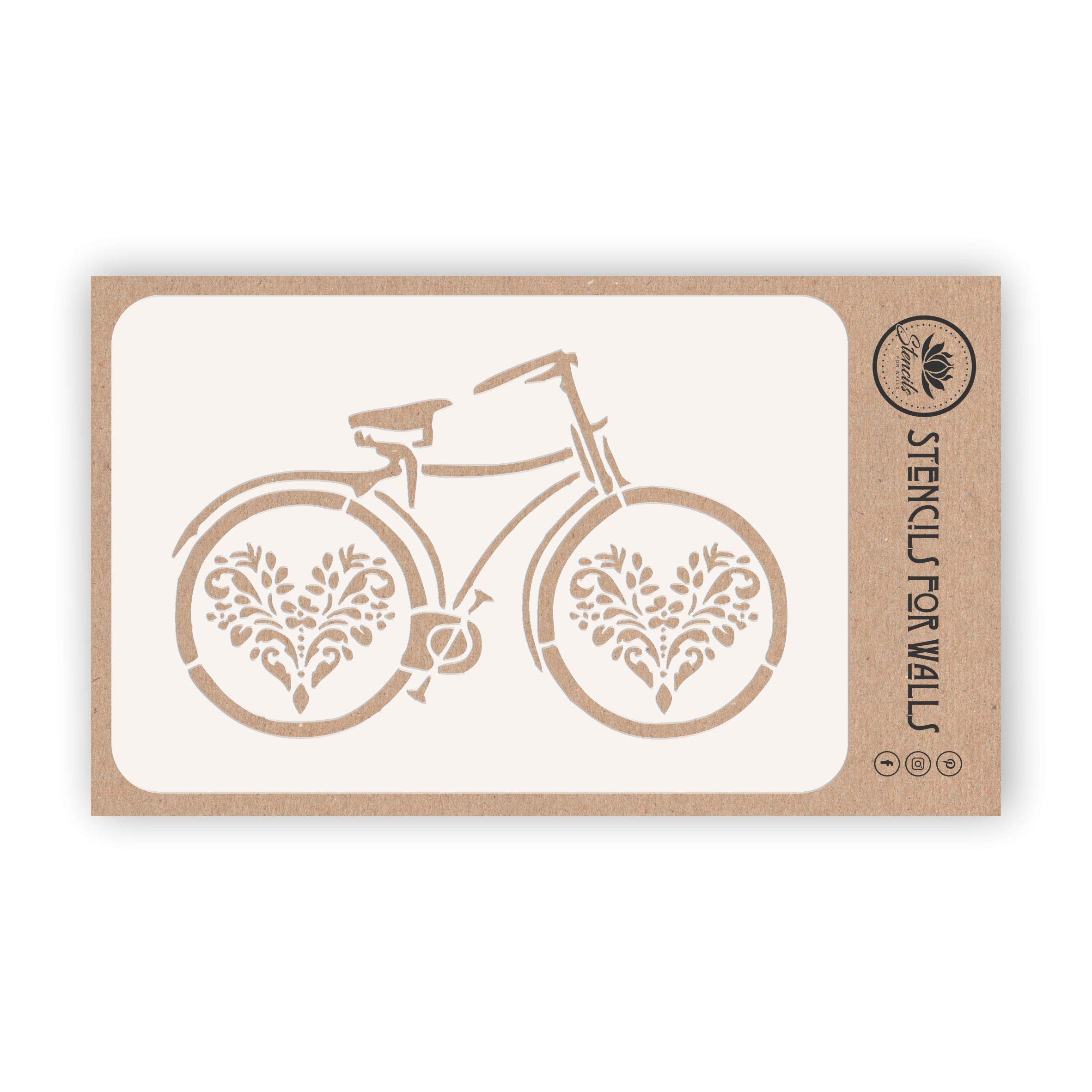 Vintage Bicycle Stencil, 17.78 x 11.43 cm (M) - Stencils for Walls Original Classic Flowery Cycle Design Stencil Template