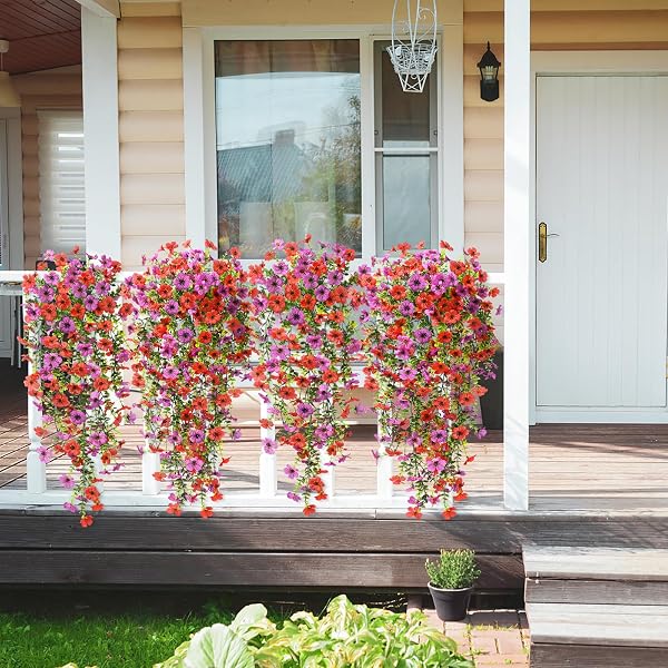ZFPROCESS ARTIFICIAL HANGING FLOWERS PLANTS FOR OUTDOOR SPRING SUMMER DECORATION,2PCS FAUX SILK DAISY UV RESISTANT LOOK REAL FOR OUTSIDE HOME INDOOR PLANTER PORCH WINDOW YARD DECOR(RED PURPLE)