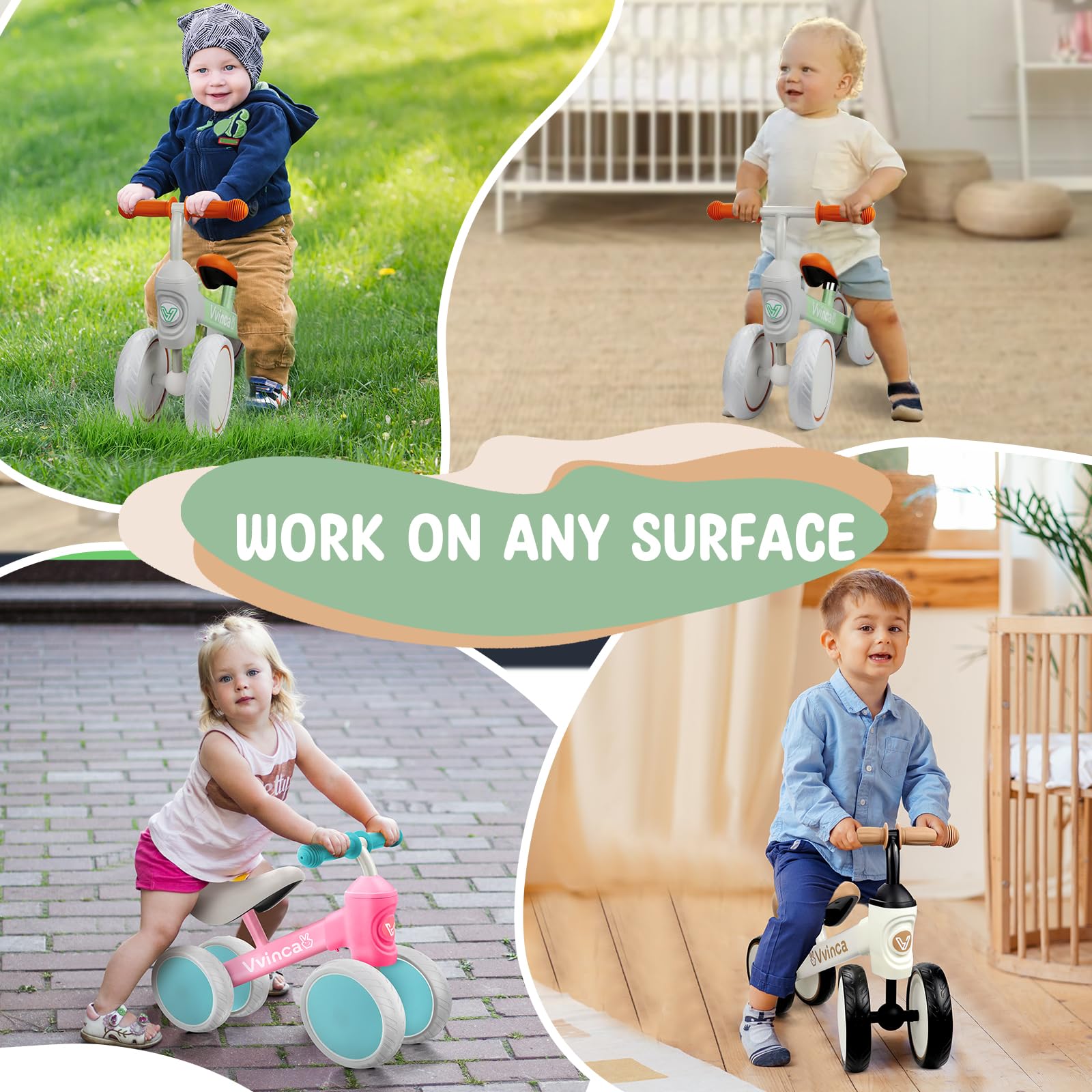 Baby Balance Bike for 1 Year Old Boys Girls, 10-24 Months Toddler Balance Bike with No Pedal 4 Silence Wheels Children First Birthday Toys Gifts Vvinca