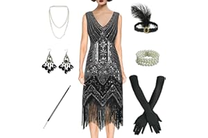 BONGZUO Women's 1920s Flapper Dress Vintage Lace Fringed Gatsby Cocktail Dress with 20s Accessories Set