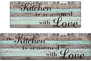 ASPMIZ Farmhouse Kitchen Mats Sets 2 Piece Memory Foam Kitchen Rug Waterproof, Rustic Wooden Kitchen Rugs and Mats for Home & Office, Non Slip Cushioned Anti-Fatigue Comfort Mat, 18'' x 48'' and 18'' x 60''