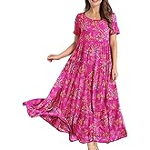 ANN CREEK Women Casual Loose Bohemian Floral Dress with Pockets Short Sleeve Long Maxi Summer Beach Swing Dress