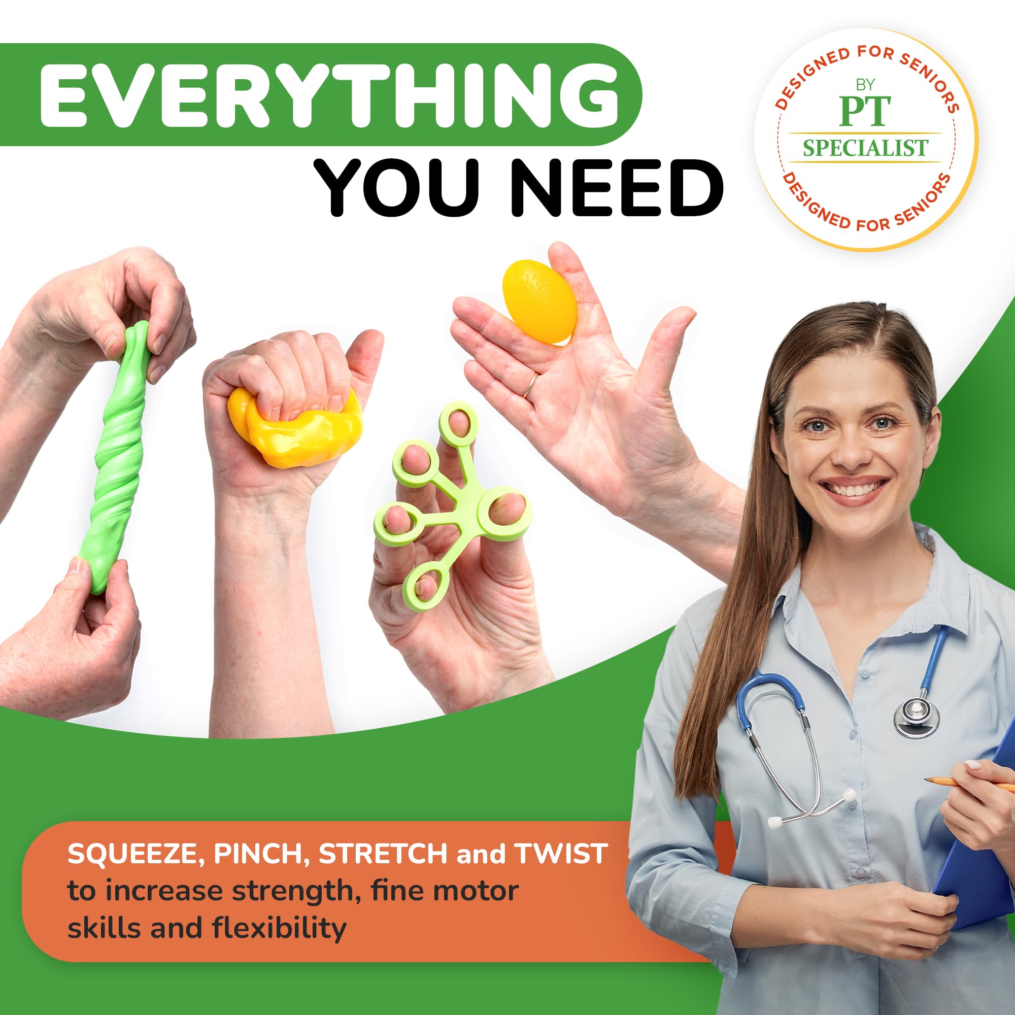 Healthy Seniors Physical Therapy Putty Kit, Finger Exercisers, and Hand Strengtheners. Improves Grip Strength, Dexterity, and Mobility. Supports Injury and Recovery Stress Relief