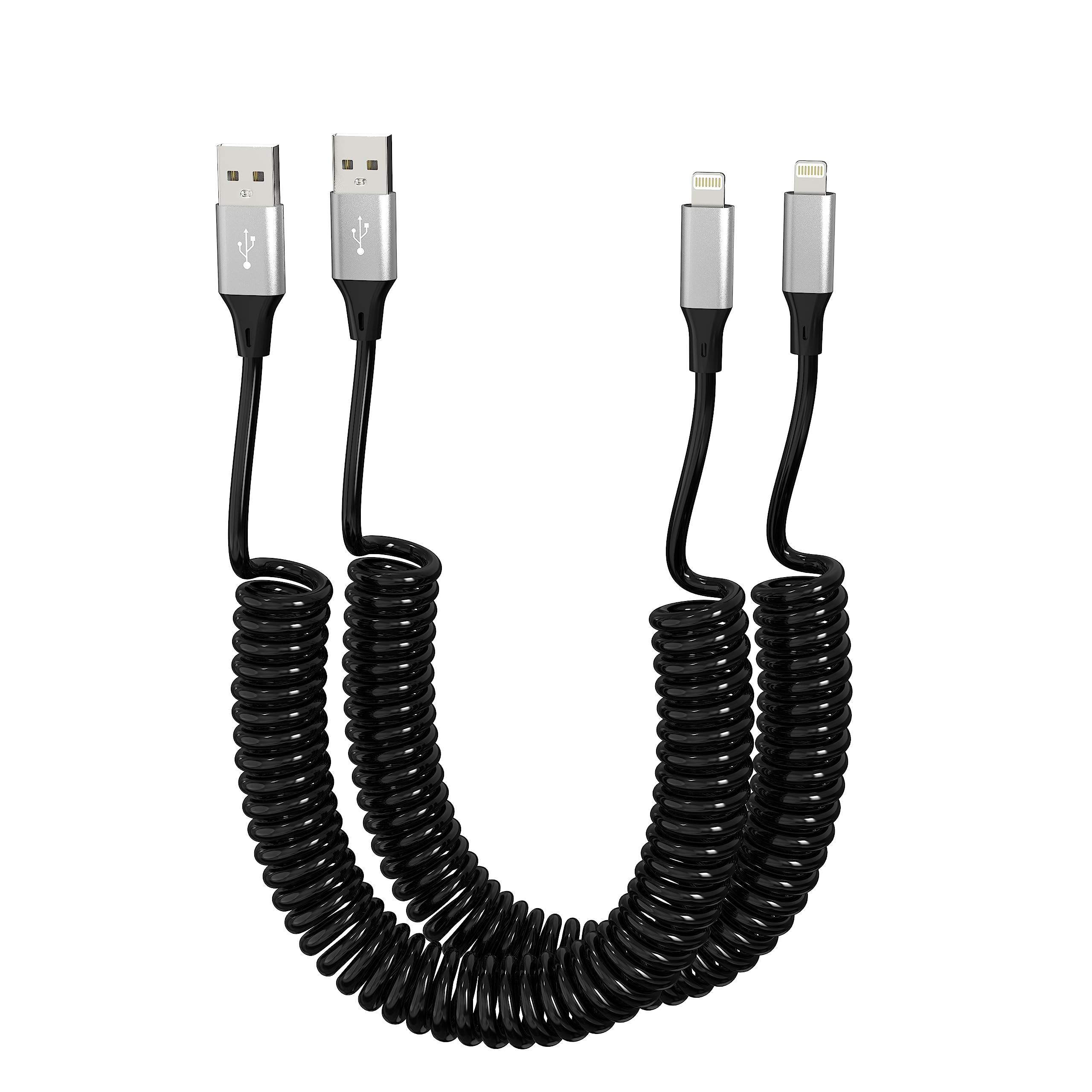 Coiled iPhone Lightning Cable 2 Pack, Apple Carplay Compatible [Apple MFi Certified], Coiled USB to Lightning Cable with Data Sync, Short Coiled iPhone Charger Cord for Car