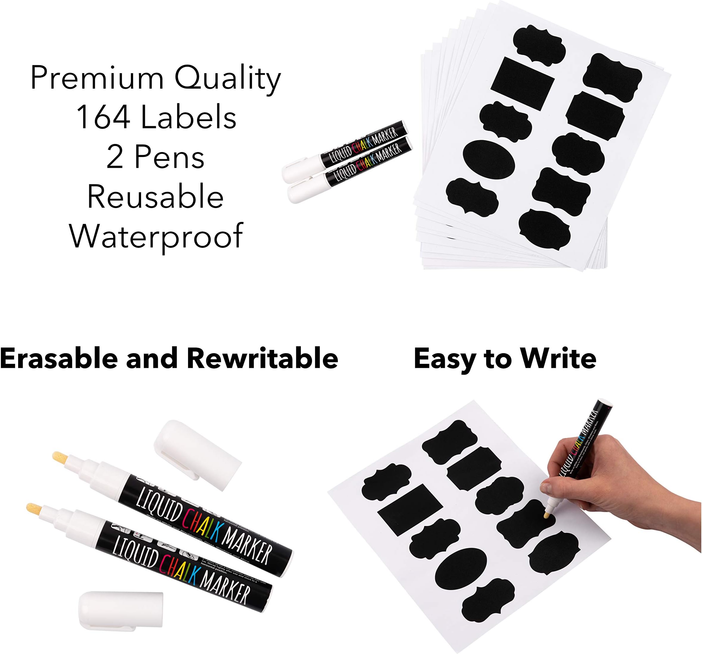 Labels with 2 White Chalk Pens – in 2 Different Sizes - one Thin and one Thick, Reusable Chalkboard Stickers for Pantry, Kitchen, Jars and Storage Boxes