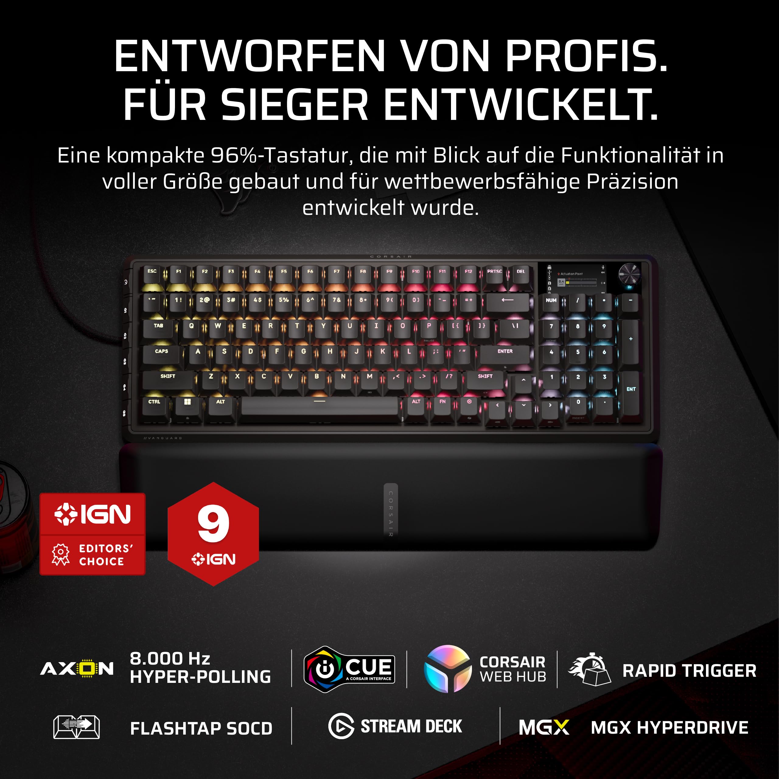 Corsair Vanguard PRO 96 Kabelgebundene Hall-Effekt Magnetisch-Mechanisch Gaming-Tastatur – 96 Prozent, MGX Hyperdrive Schalter, 8000Hz, Rapid Trigger, Virtual Stream Deck, SOCD Flashtap, QWERTZ DE 2