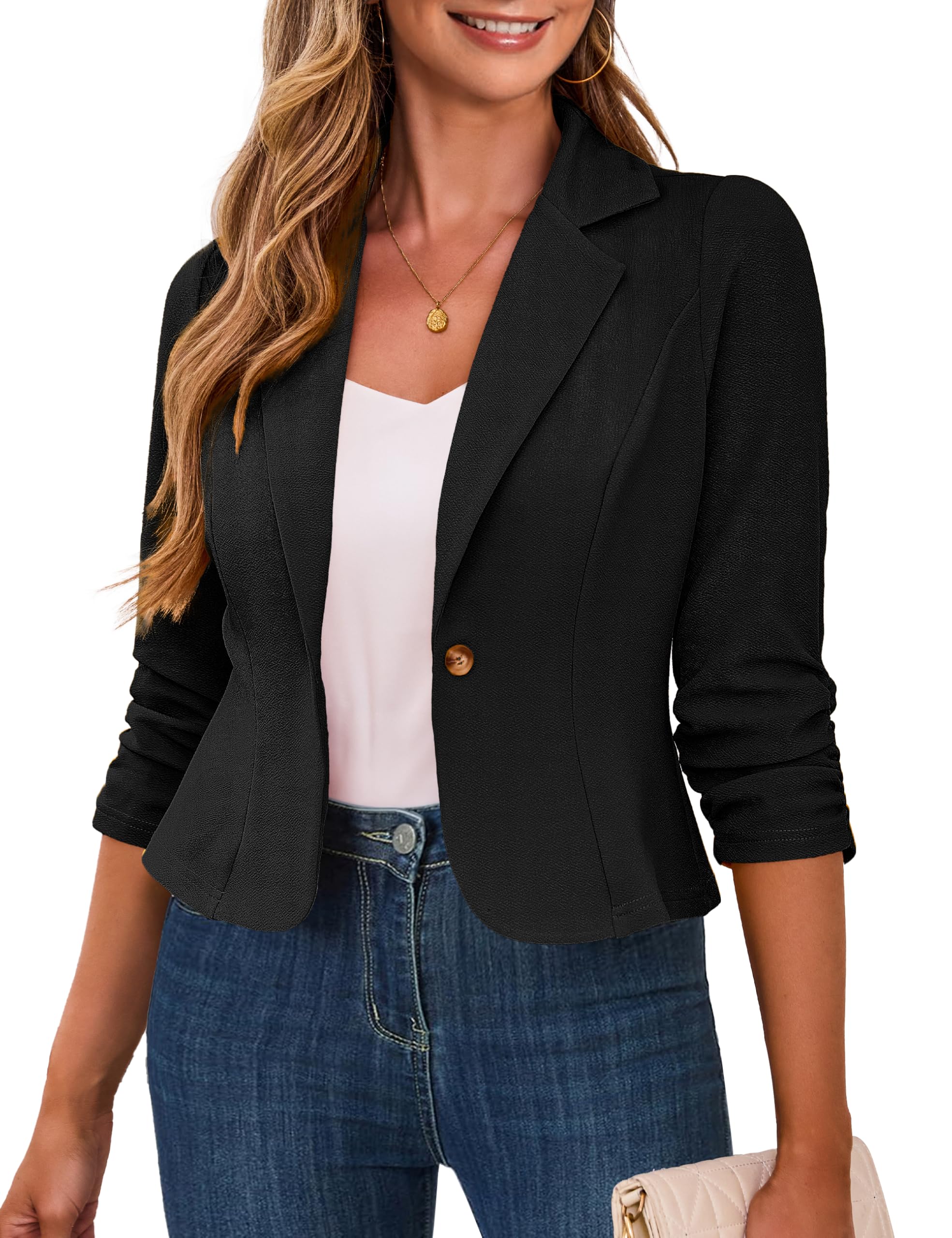 Photo 1 of Traleubie Women's Black Blazers 3/4 Rouched Sleeve Business Work Suit Cropped Blazer for Women, X-Large