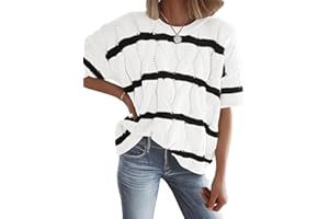 Caracilia Women's Short Sleeve Sweater Tops Cable Knit Striped Crewneck Summer T Shirts Dressy Blouses Trendy Work Clothes