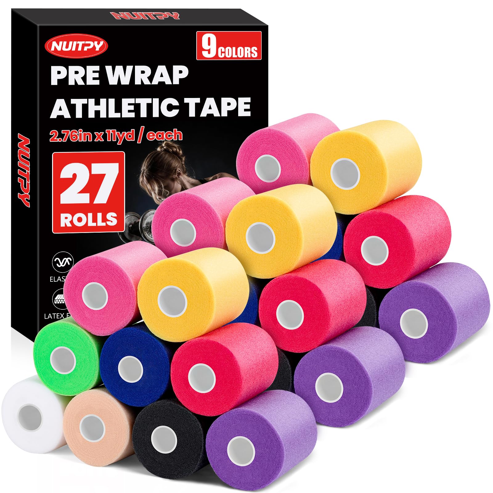 Photo 1 of 27 Pack Pre Wrap Tape, 9 Colors 2.76 Inch x 11 Yards Prewrap Athletic Tape for Hair Soccer, Pre Wrap Foam Tape, Soccer Pre Wrap Tape, Prewrap Headbands for Hair