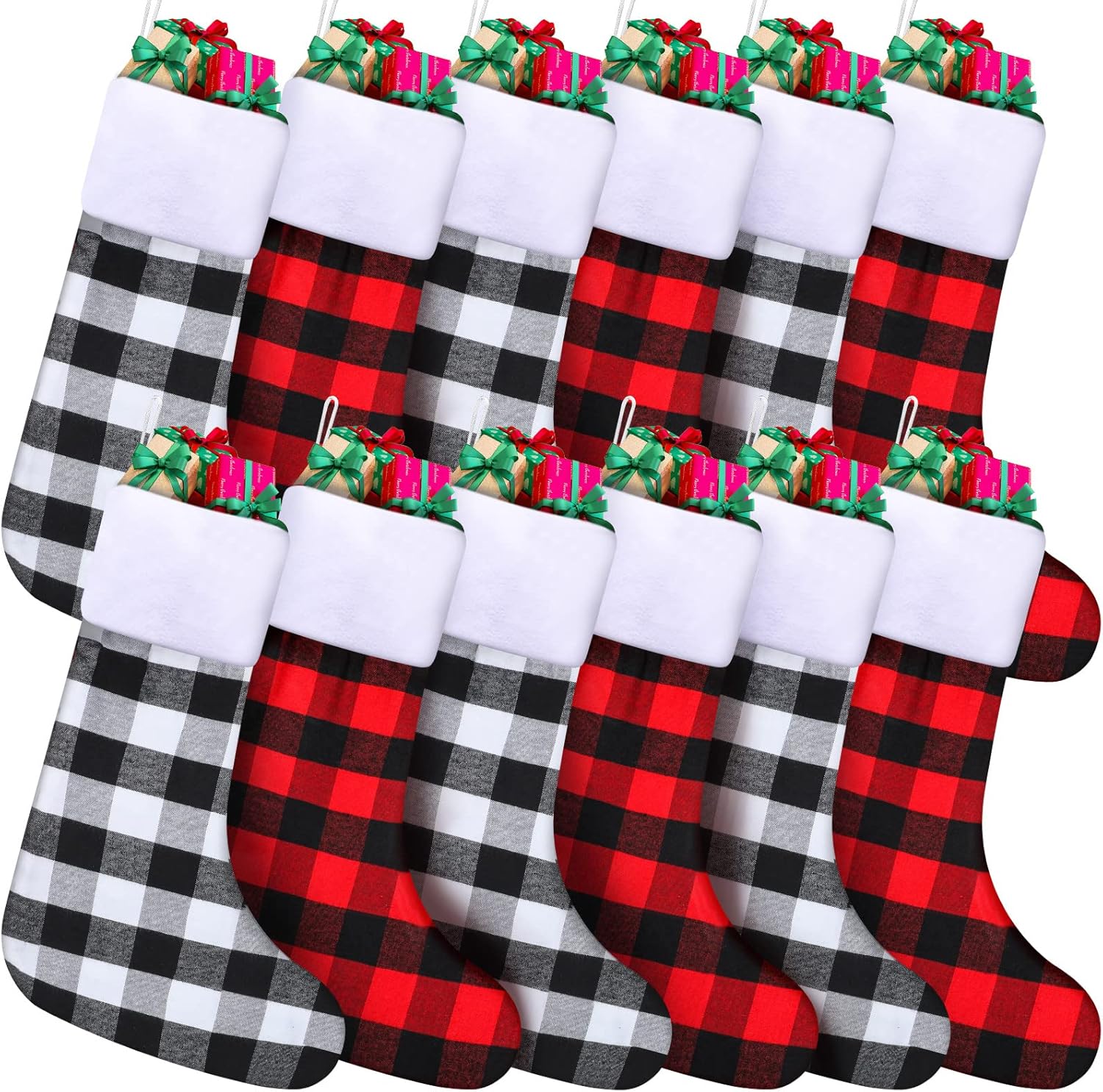 Stockings & Holders - BBTO 24 Pack Christmas Stockings 20 Inch Buffalo Plaid Family Large Xmas Hanging White Red Black Decorations for Holiday Party Decor (Classic Color)