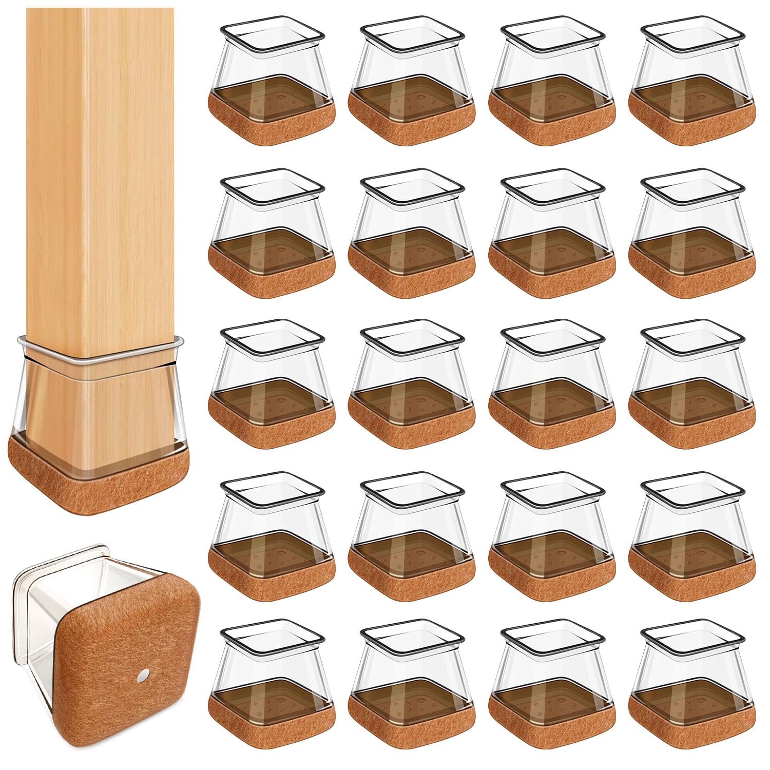 32PCS Square Chair Leg Floor Protectors with Wrapped Felt, Chair Leg Covers for Hardwood Floors, Silicone Chair Feet Furniture Pads Floor Protectors, No Noise and No Scratches(L-Clear)