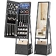 Nicetree LED Mirror Jewelry Cabinet Standing, Lockable Jewelry Cabinet Armoire with 2 Drawers, Full Length Mirror with Jewelry Storage, Christmas Gifts, Black…