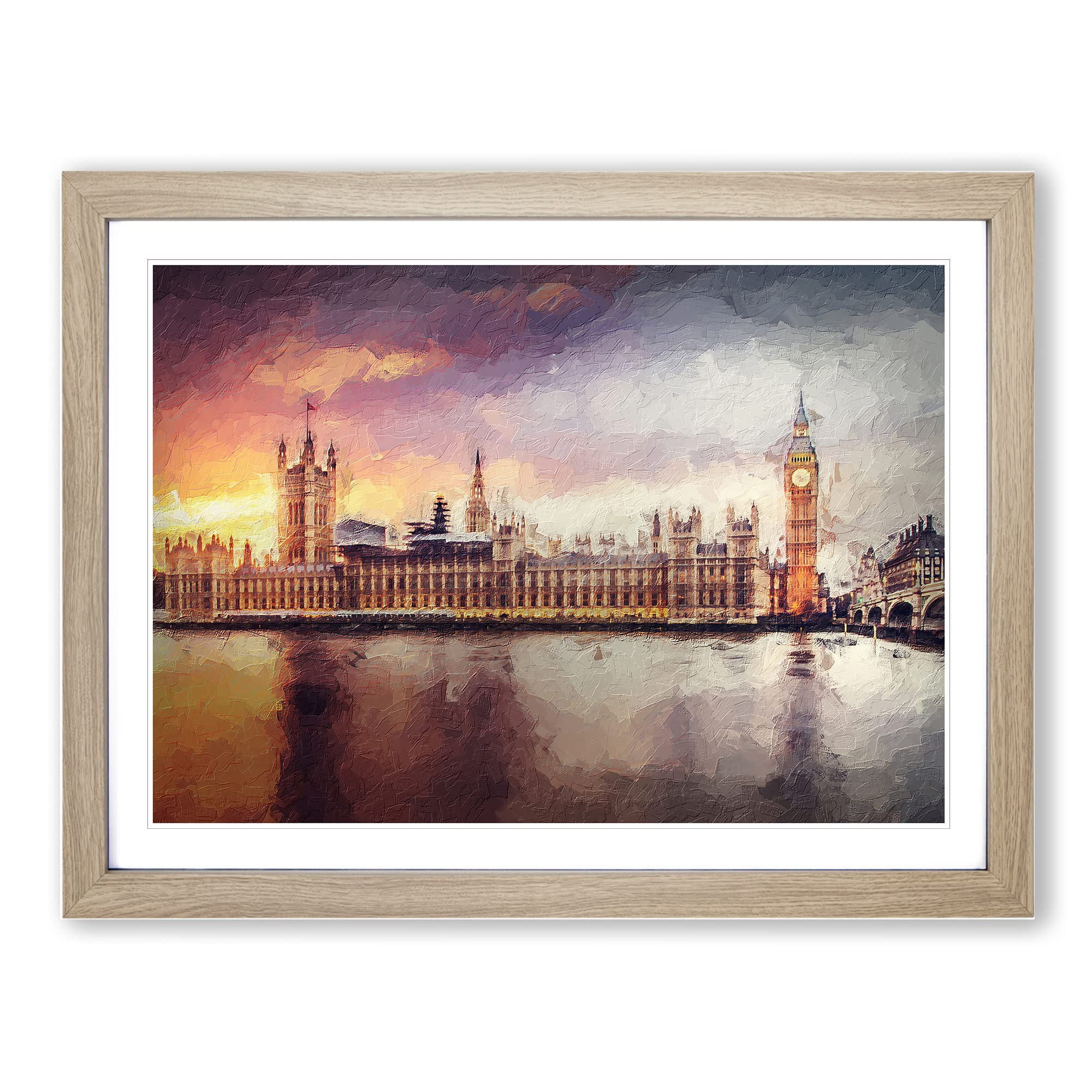 Big Ben & Houses Of Parliament In Abstract Modern Art Framed Print | A3 Oak Framed Wall Art | Ready to Hang | Abstract Cityscape Picture | Living Room Bedroom Lounge Office