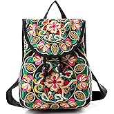 Jursccu Full Embroidered Backpack Purse for Women Vintage Handbag Small Drawstring Casual Travel Shoulder Bag Daypack