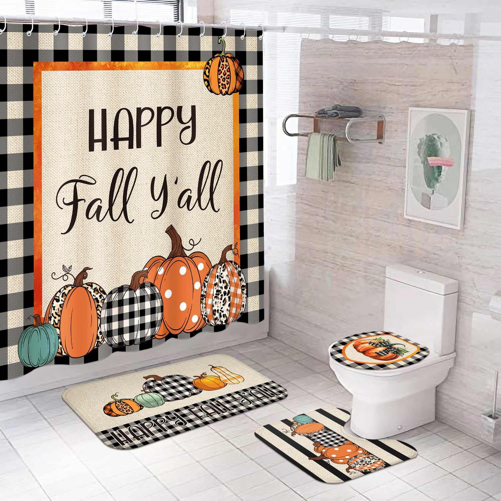 Photo 1 of Preboun 4 Pcs Fall Pumpkin Shower Curtain Set 72" Autumn Farmhouse Bathroom Curtain with 12 Hooks Non Slip Rug Toilet Lid Cover and Bath Waterproof Mat Thanksgiving Harvest Home Decor(Happy Fall)