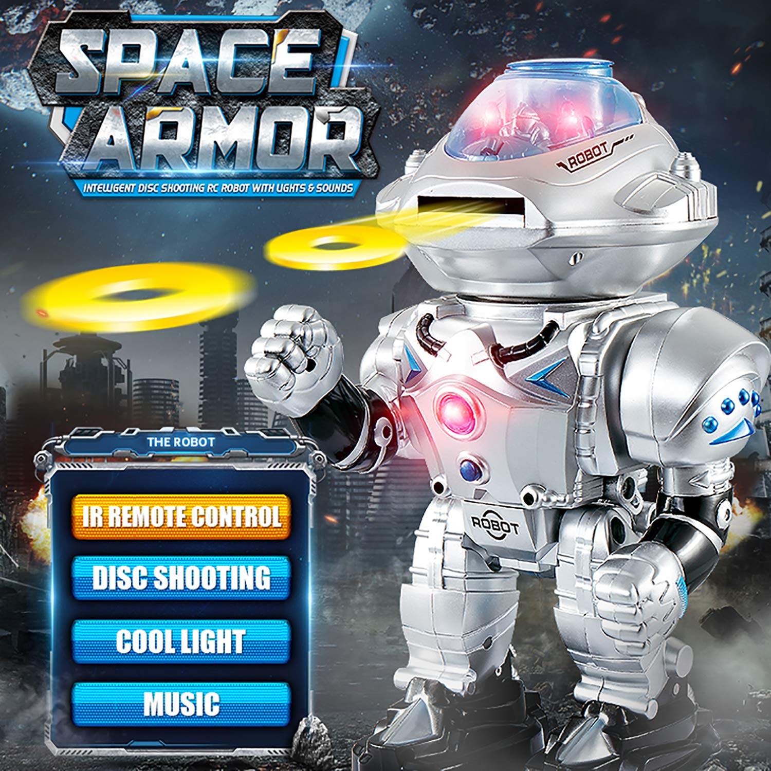 YARMOSHI Remote Control Combat Robot Toy Shoots Disks Flashing Lights Sings eBay