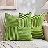 Fancy Homi Set of 2 Lime Green Decorative Throw Pillow Covers 18x18 Inch with for Couch Bed Sofa Living Room, Soft Cross Patchwork Striped Corduroy Modern Square Cushion Case 45x45 cm